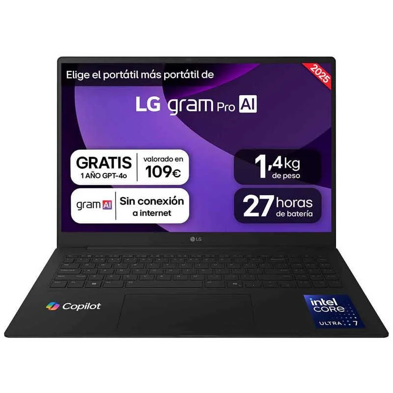 Portátil LG Gram Pro 16Z90TR-E.AD88B 16" Intel Core Ultra 7 255H 32GB 1TB Windows 11 Negro