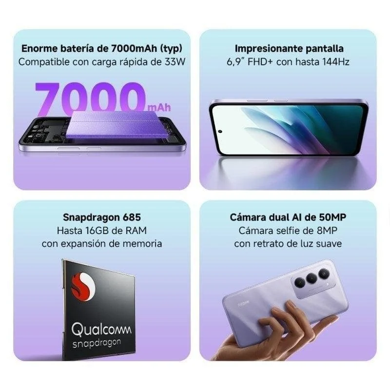 Smartphone Xiaomi REDMI 15 6GB 128GB 4G 6.9" Morado Claro - Imagen 3