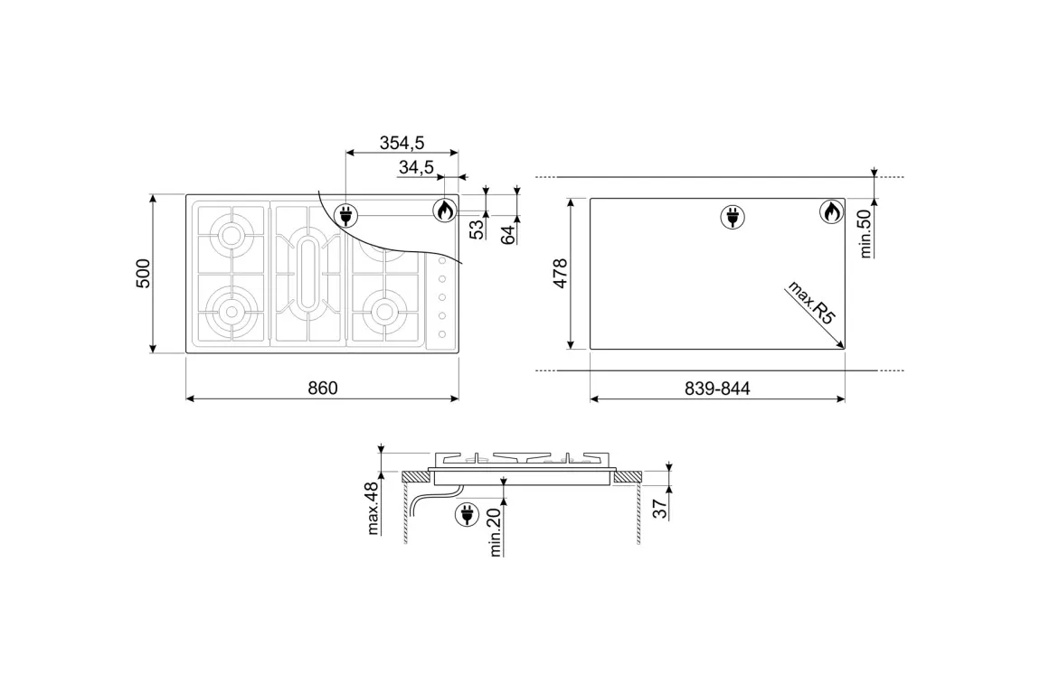 Placa de Gas Smeg E SE93SGH3 90cm 5 Zonas Inox - Imagen 2