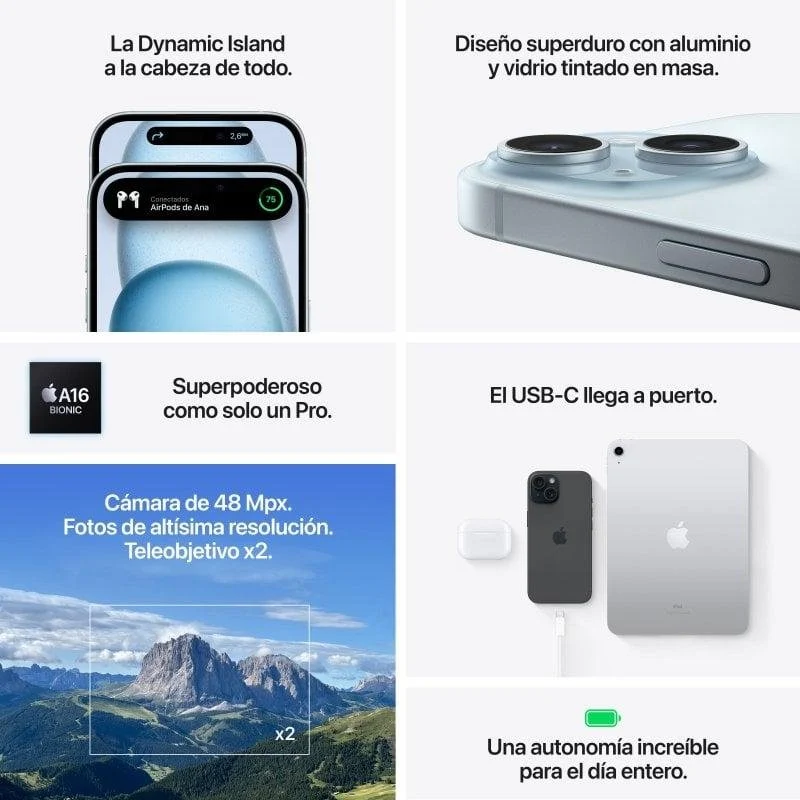 Smartphone Apple iPhone 15 6GB 256GB 5G 6.1" Azul Claro - Imagen 2