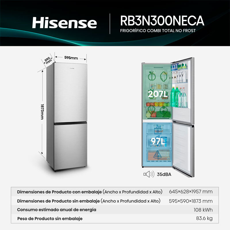 Frigorífico Combi Hisense RB3N300NECA 187cm 304L Clase A Inox - Imagen 2