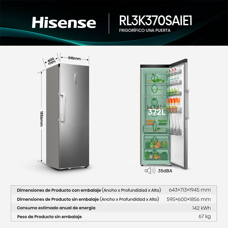 Frigorífico Cooler Hisense RL3K370SAIE1 185.6cm 372L Clase E Inox - Imagen 2