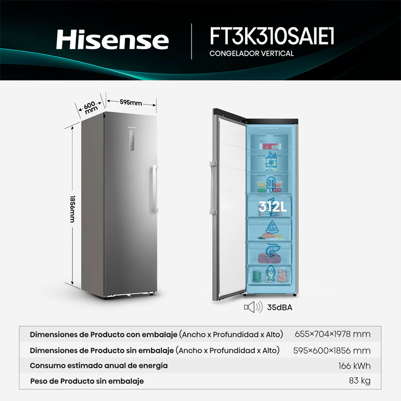Congelador Hisense FT3K310SAIE1 185.6cm 312L Clase E Inox - Imagen 2