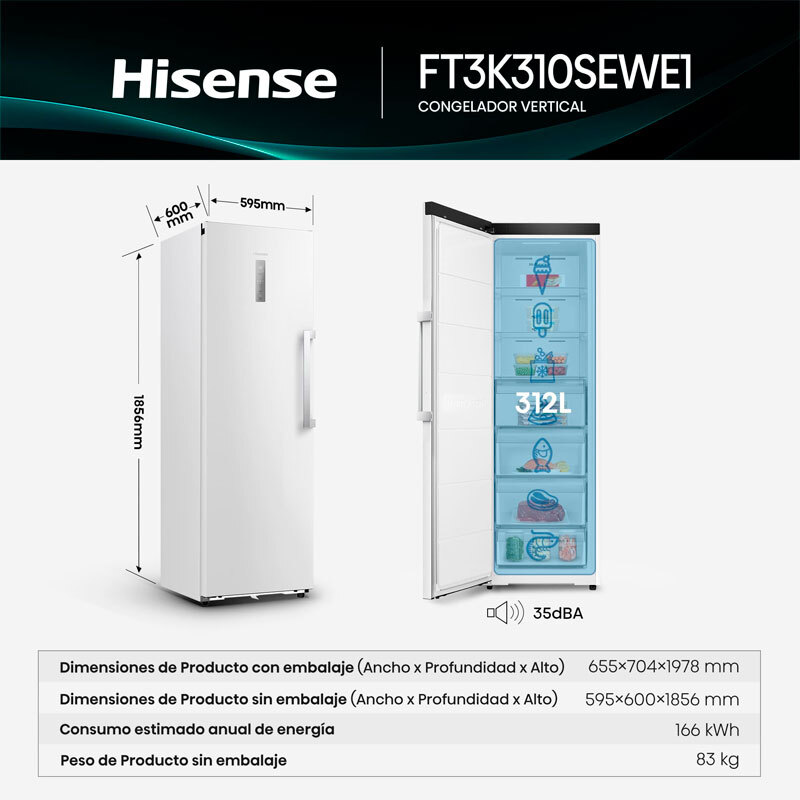 Congelador Hisense FT3K310SEWE1 185.6cm 312L Clase E Blanco - Imagen 2