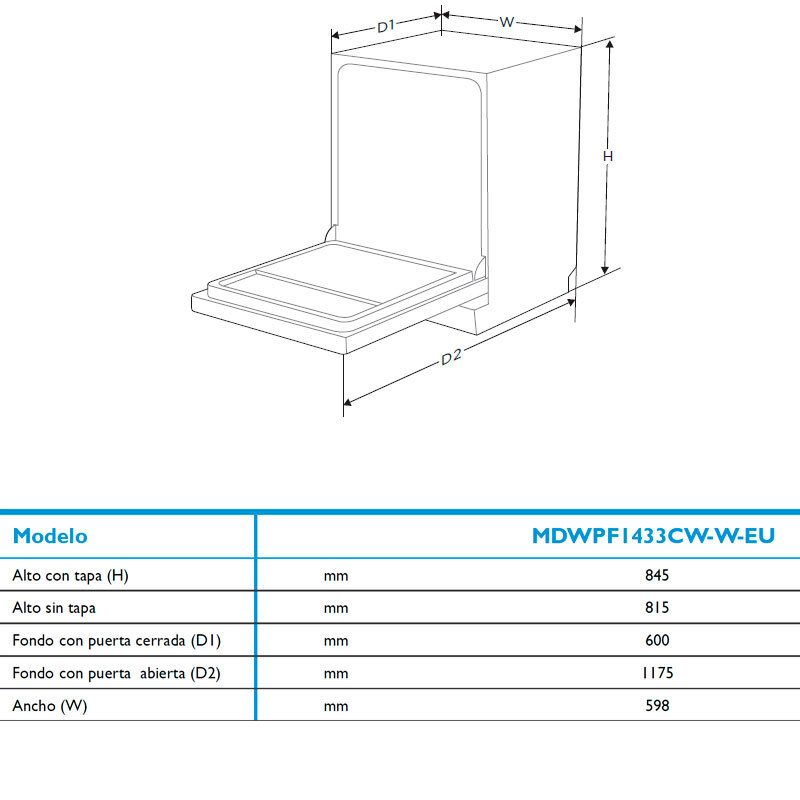 Lavavajillas Midea MDWPF1433CW-W-EU 14 Cubiertos 60cm Clase C Blanco - Imagen 2
