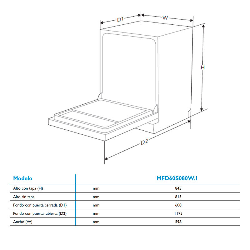 Lavavajillas Midea MFD60S080W.1 12 Cubiertos 60cm Clase E Blanco - Imagen 2