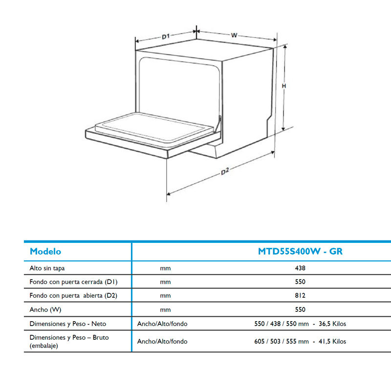 Lavavajillas Midea MTD55S400W - GR 6 cubiertos 43cm Clase F Blanco - Imagen 2