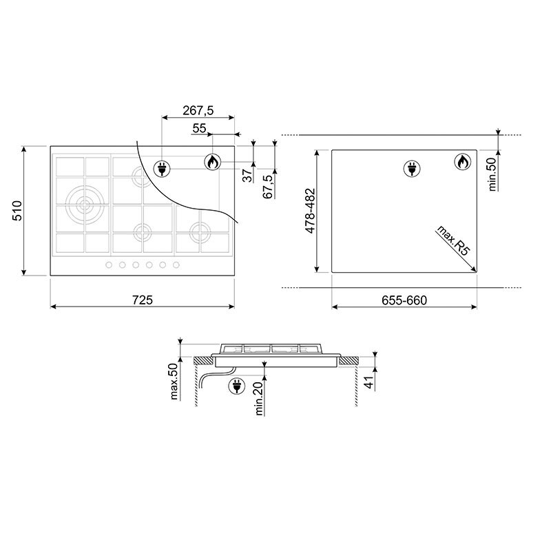 Placa de Gas Smeg E PX375L 5 Zonas 72cm Inox - Imagen 2