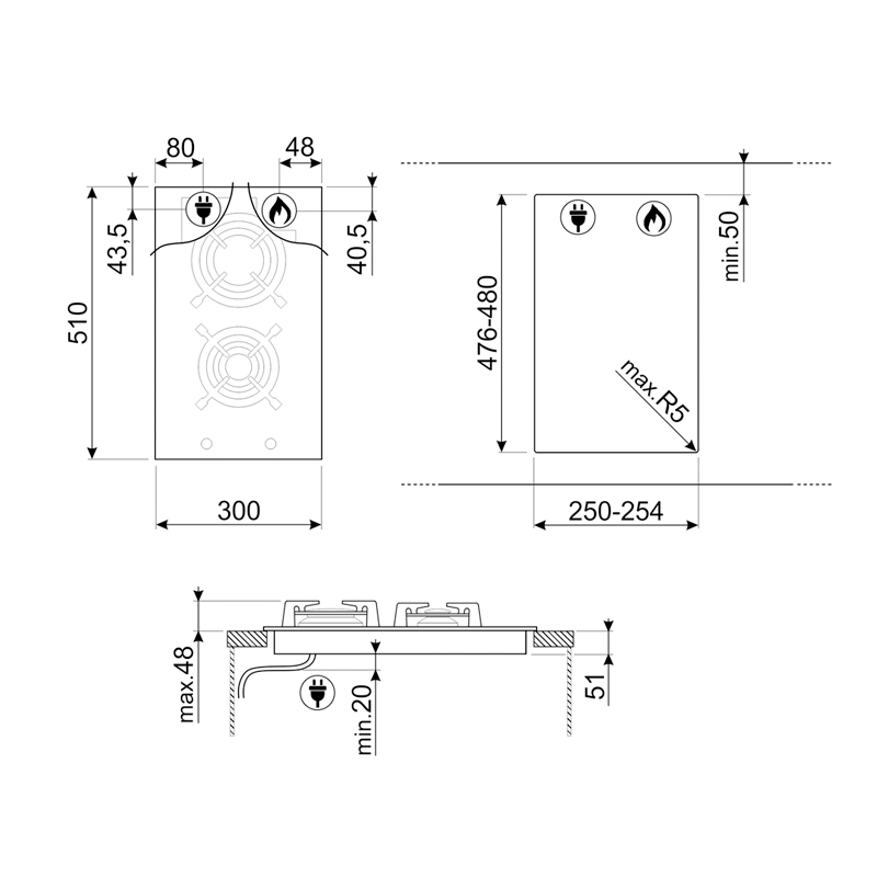 Placa de Cristal Smeg E PV332CN 2 Gas Negro - Imagen 2