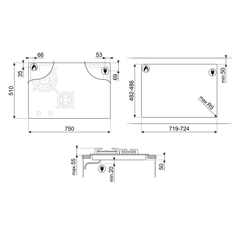 Placa de Induccion Mixta Smeg E PM6643R 2 Zonas + 2 Gas 75cm Negro - Imagen 2