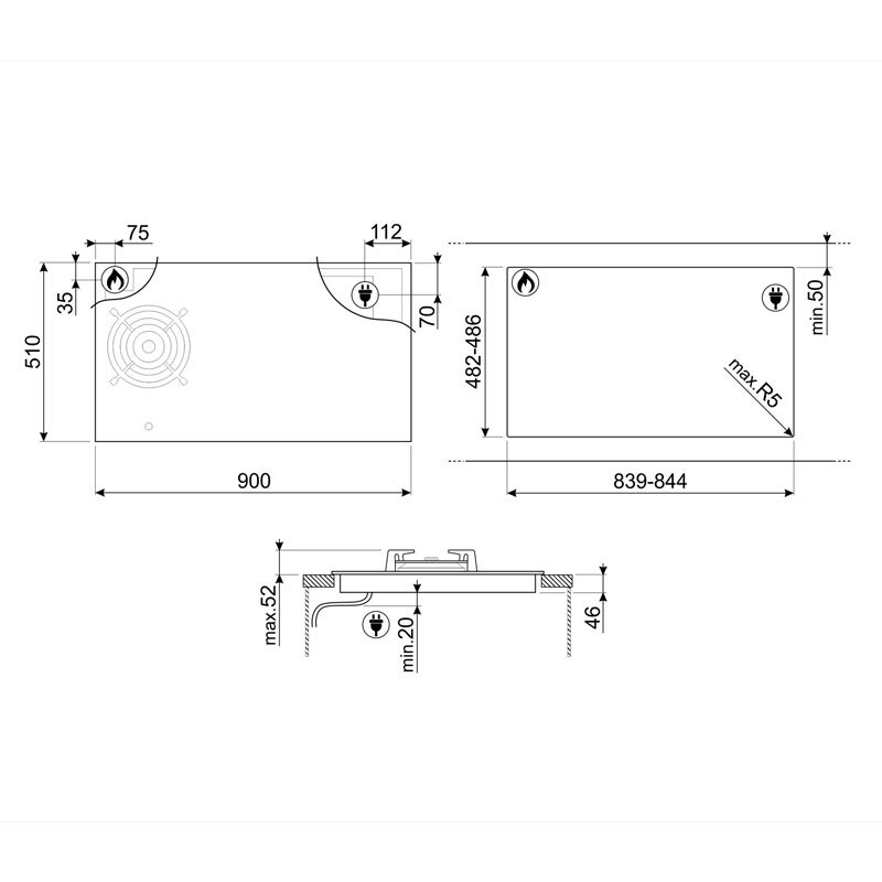 Placa de Induccion Mixta Smeg E PM6954R 4 Zonas +1 Gas 90cm Negro - Imagen 2