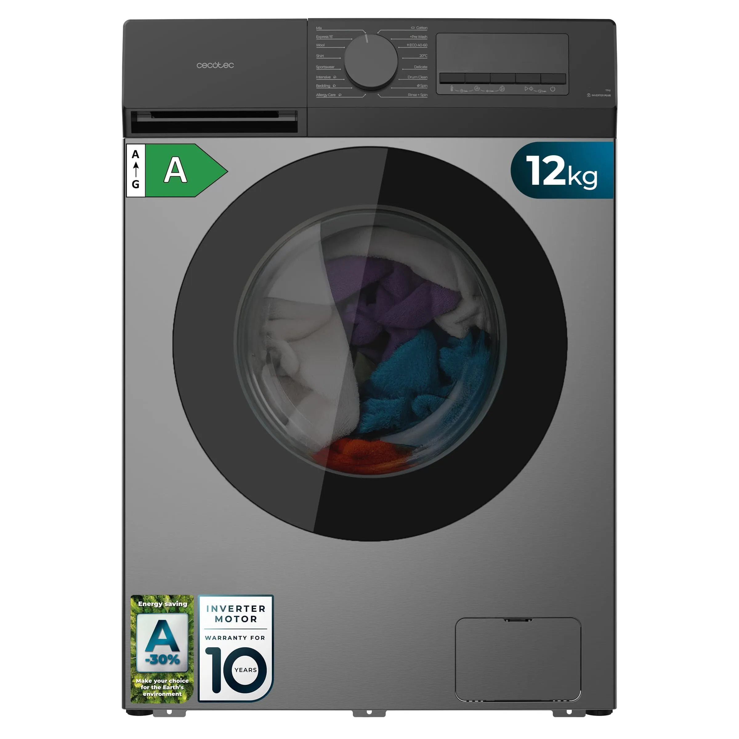 Lavadora Cecotec Bolero DressCode 12450 Inverter Steel 12Kg Clase A-20% Gris Oscuro