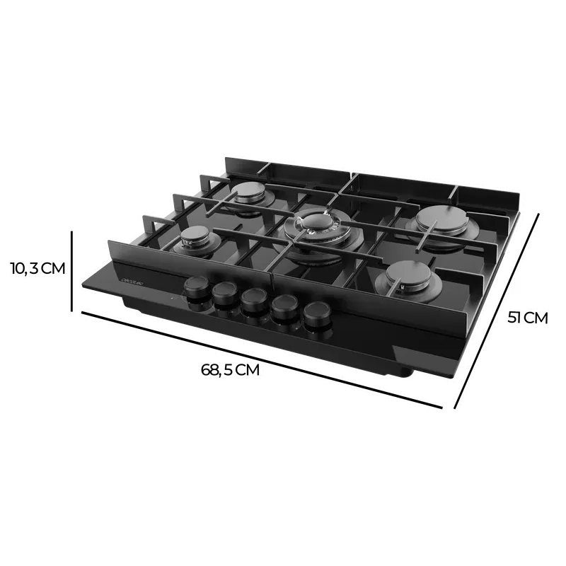 Placa de Gas Cecotec Bolero Squad G 5400F Glass Black 5 Zonas 68.5cm Negro - Imagen 4